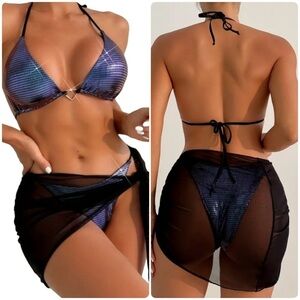 3pc Holographic Triangle Halter Tie Side Bikini Set with Sarong Cover Up
